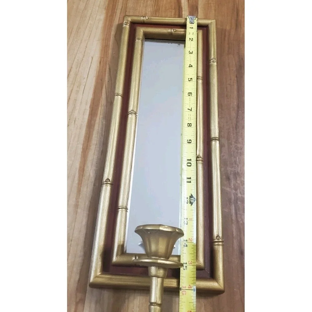 Vintage Hollywood Regency Gold Tone Red Bamboo Wall Sconce Candleholder